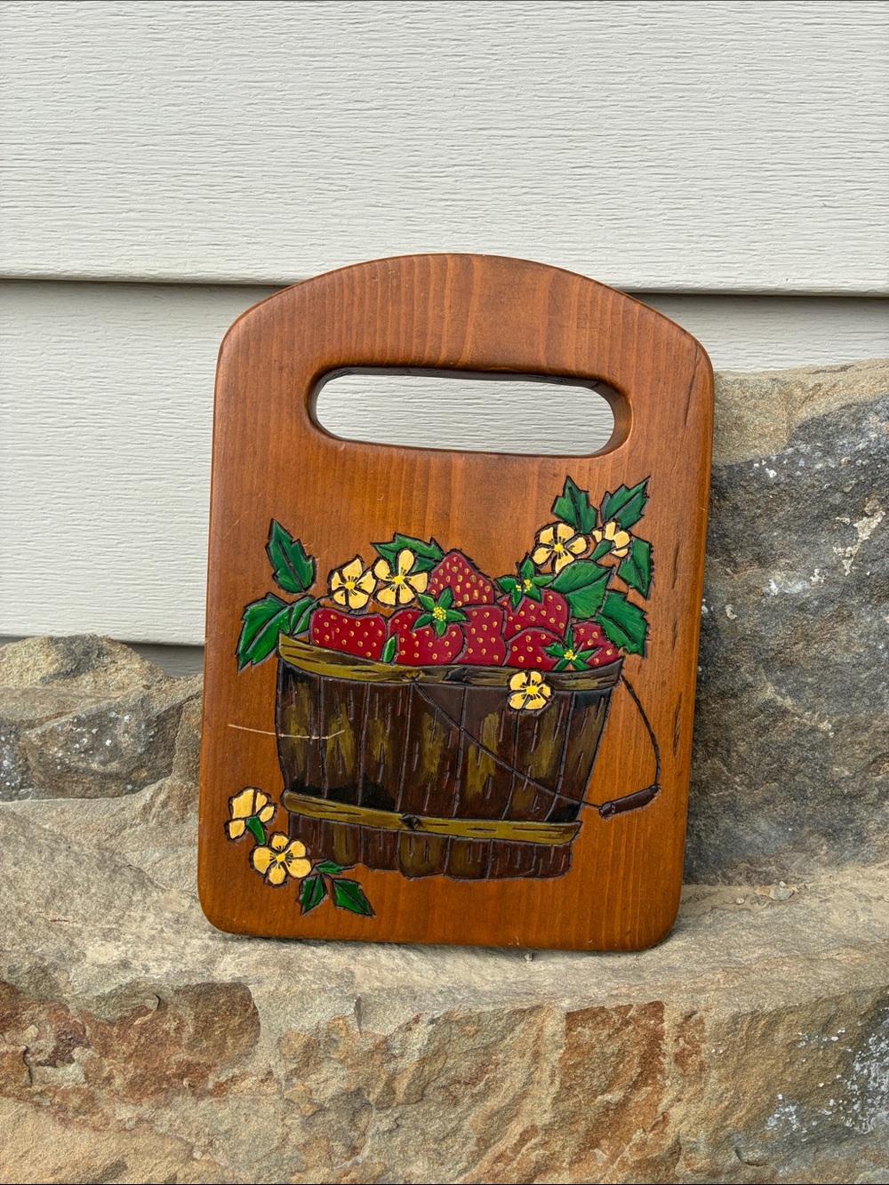 Vintage 1970s Strawberry Folk Art Wooden Cutting Board Wall Hanging Decor